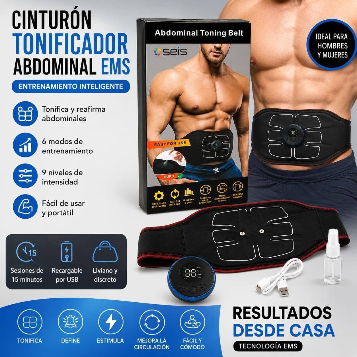 Anuncio promocional de un cinturón negro de electroestimulación EMS para tonificar los abdominales, con mando a distancia.