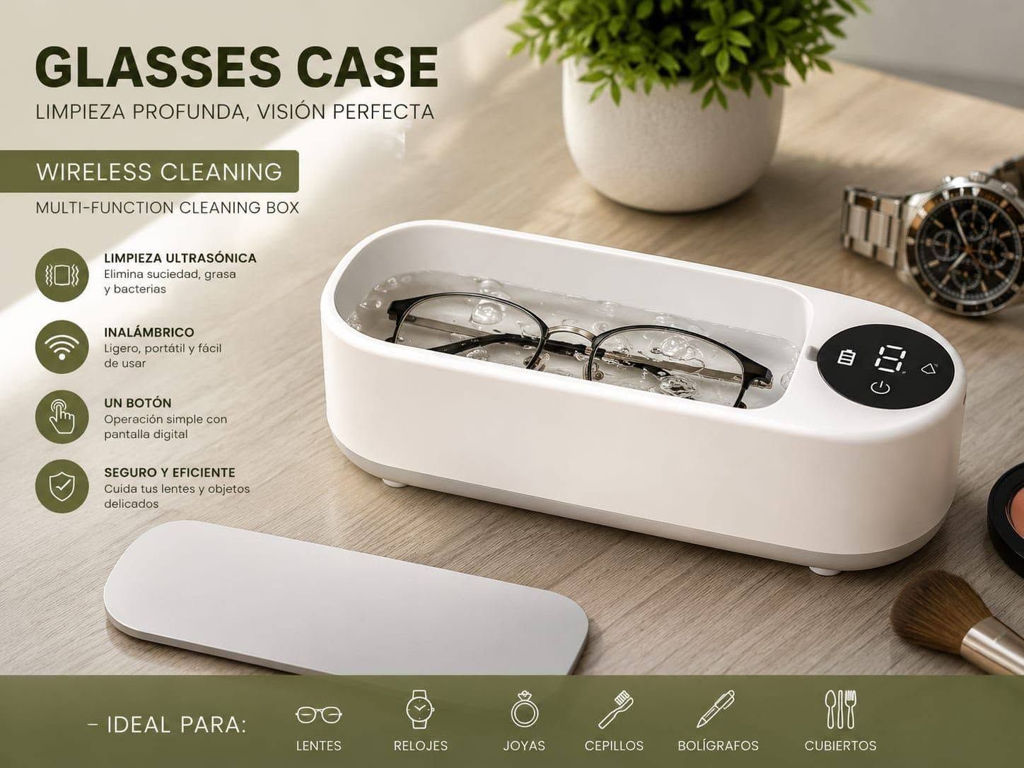 Estuche blanco de limpieza ultrasónica para gafas, con las gafas dentro, sobre una mesa, junto a unas plantas.