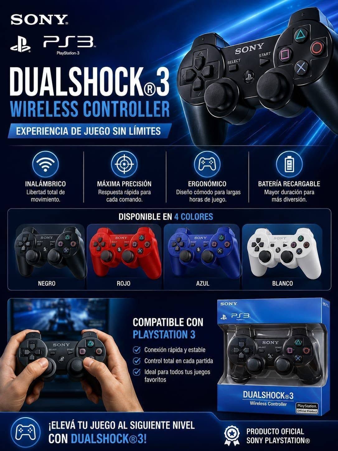Anuncio del mando inalámbrico DualShock 3 de Sony PS3, con mandos negros, rojos, azules y blancos sobre un fondo azul