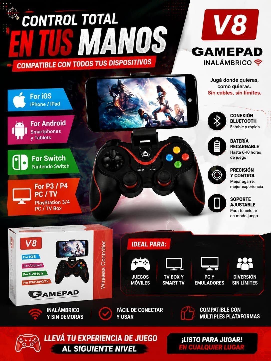 Anuncio de mando inalámbrico V8 en rojo y negro con iconos de compatibilidad con PS4, Android, Nintendo Switch y PC/TV.