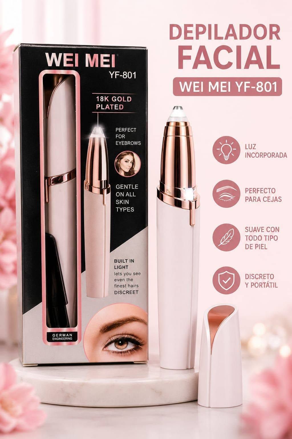 Caja y dispositivo depilador facial en oro rosa sobre un fondo rosa, con las características del producto enumeradas.