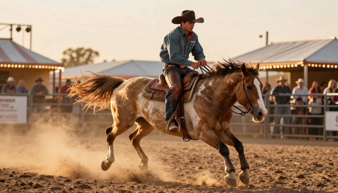 Action shot of a PRCA rodeo event with a cowboy and bucking horse.