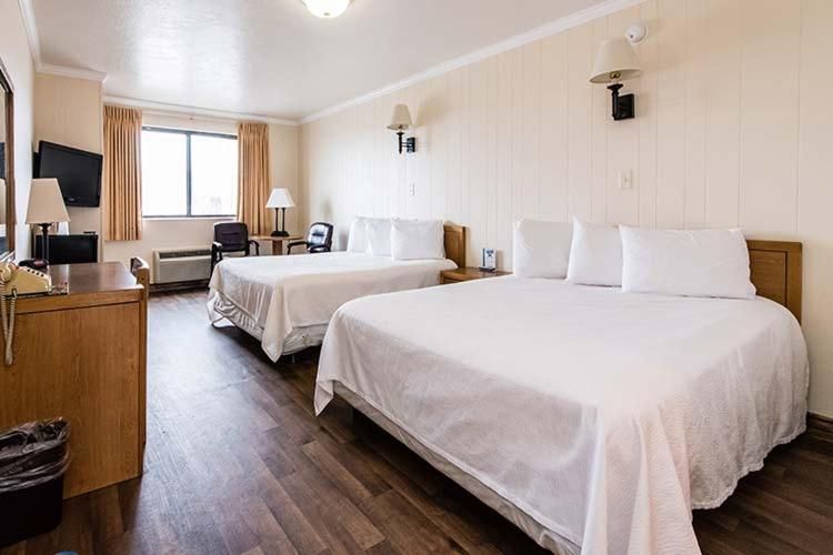 A bright hotel room with two white-made beds, wooden floors, curtains, a flat-screen TV, and lamps on a beige wall.