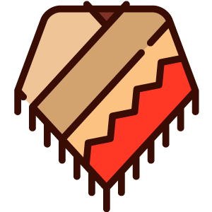 A tan and red poncho with a zigzag pattern and fringe trim against a white background.