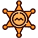 An orange, six-pointed sheriff's star badge with a rounded center containing a small 