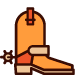 An orange cowboy boot with a darker orange heel and a silver star-shaped spur on the back.