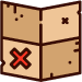 A tan, folded paper map marked with two dark X symbols, one larger and red in the lower-left section.