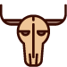 A tan, stylized illustration of a bull skull with long horns, outlined in dark brown against a white background.