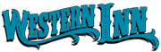 A blue logo with a decorative, Western-style font that reads 