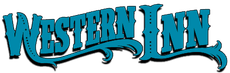 A blue logo with a decorative, Western-style font that reads 