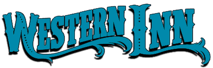 A blue logo with a decorative, Western-style font that reads 