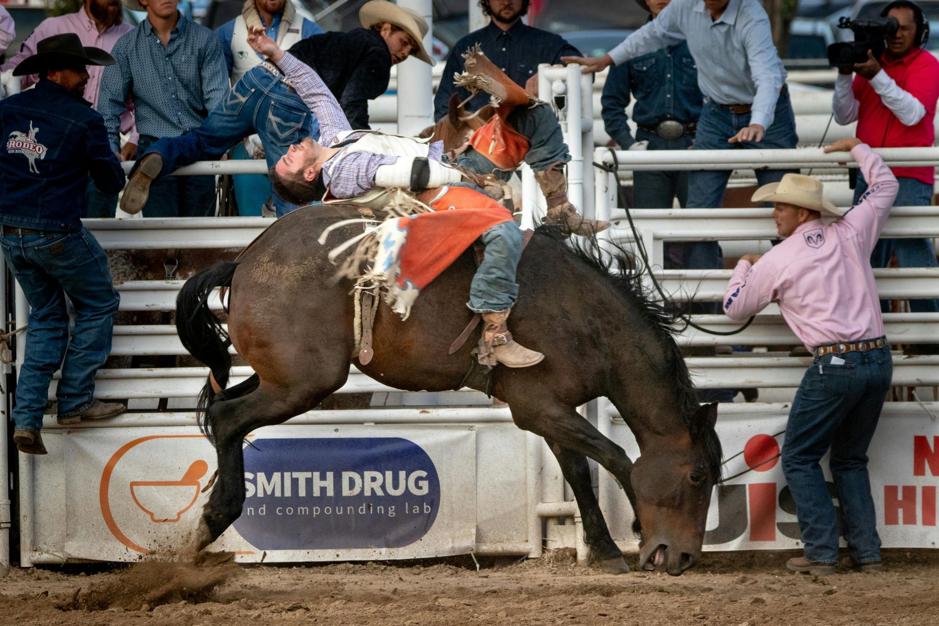 A bucking horse mid-air at a rodeo with a rider clinging on, surrounded by spectators and officials in an arena.