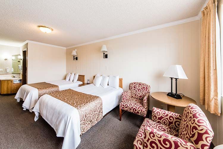 A hotel room featuring two beds with tan patterned runners, two patterned armchairs, and a small table with a lamp.