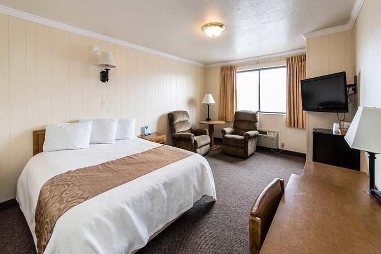 A hotel room featuring a queen bed with white linens, two brown armchairs, a television, and a desk.