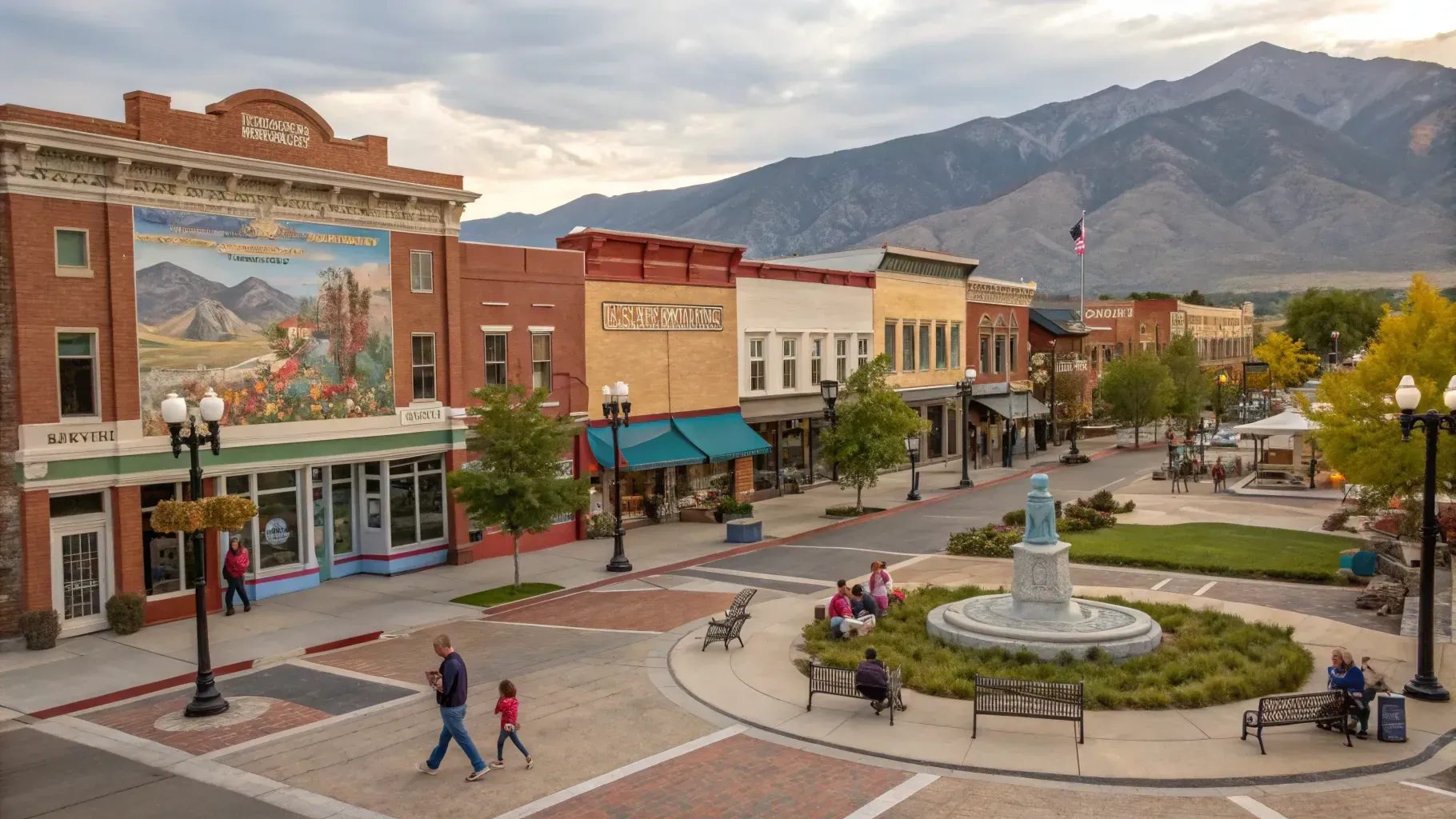An outdoor town square with a fountain, benches, historic brick buildings with murals, and mountains in the distance.
