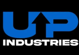 UP Industries logo in blue and black on a dark background