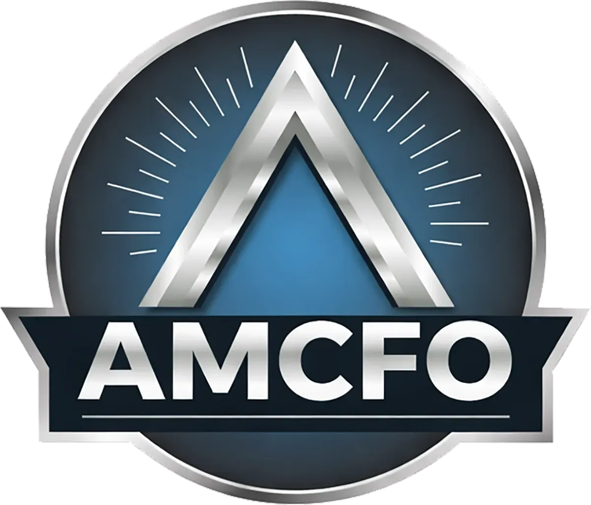 A logo for amplify consults with a silver triangle on a blue background