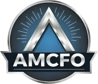 A logo for amplify consults with a silver triangle on a blue background