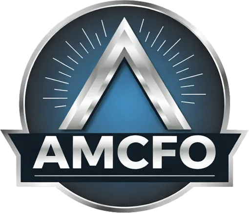 A logo for amplify consults with a silver triangle on a blue background