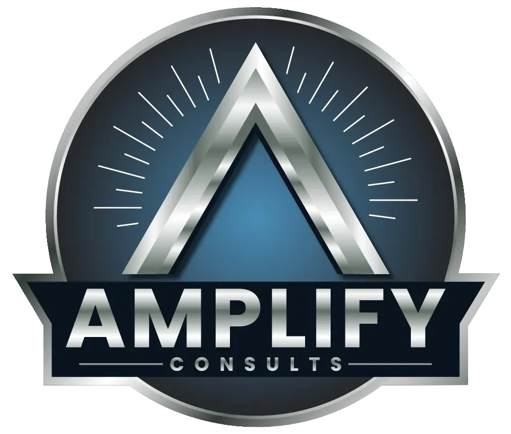 Amplify Consults logo with metallic triangle emblem over blue and gray circular badge