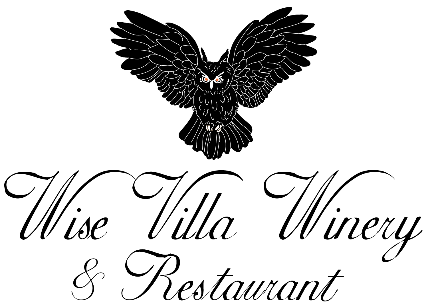 The logo for wise villa winery has an owl on it.