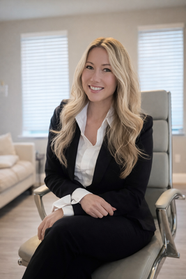 A woman with blonde hair and a black jacket is smiling