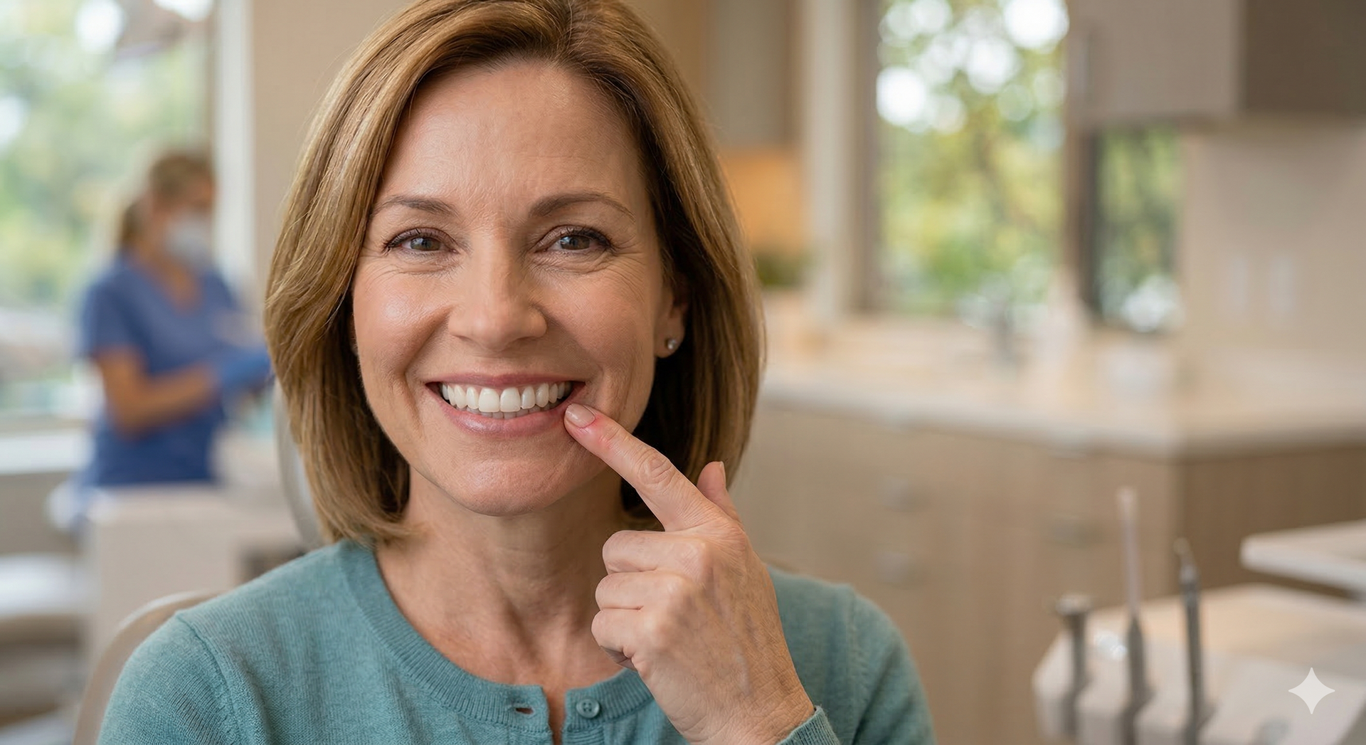 A smiling person pointing to their teeth in a dental office, with a dental professional visible in the blurred background.