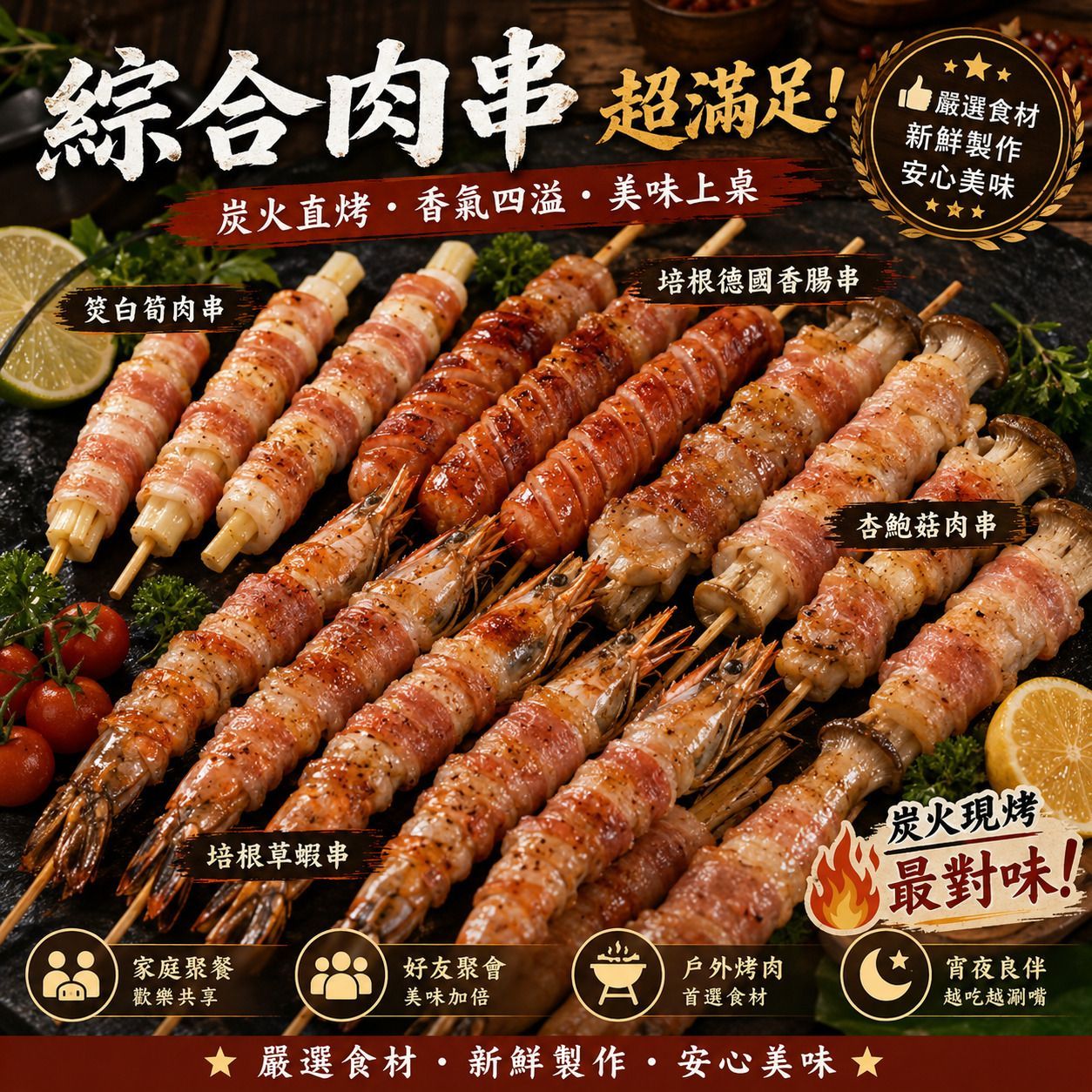 【陸霸王】★香烤肉串組/牛肉串/羊肉串/雞肉串/豬肉串/雞屁股串/醬燒雞皮串/美人鮭魚蝦串/鮭魚干貝  【獨家重量級】*