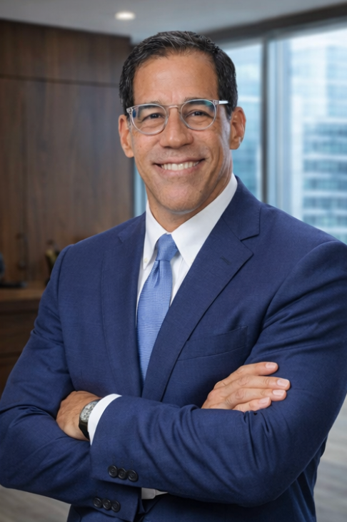 Una persona sonriente con gafas, vestida con traje y corbata azules, de pie con los brazos cruzados en un entorno de oficina.
