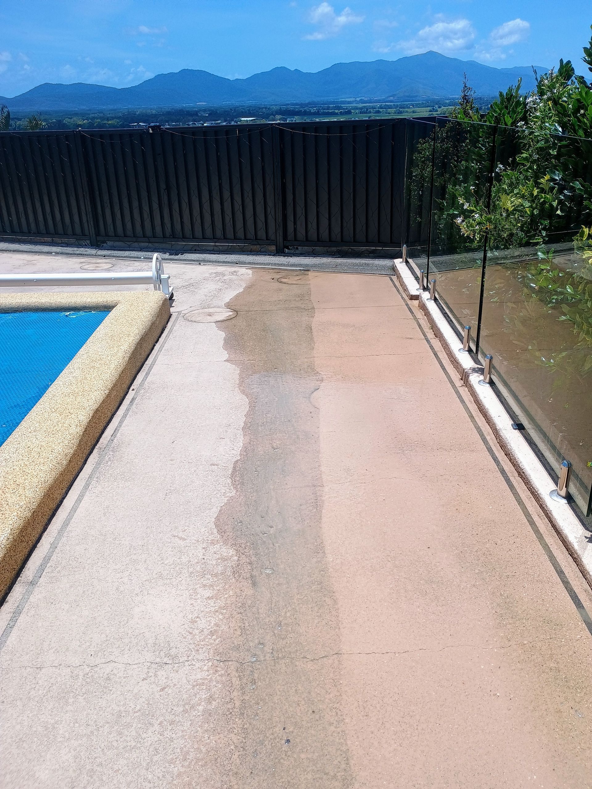Pool Side Concrete Showing Before and After Pressure Wash Cleaning — Cairns Bin Cleaning In Parramatta Park, QLD
