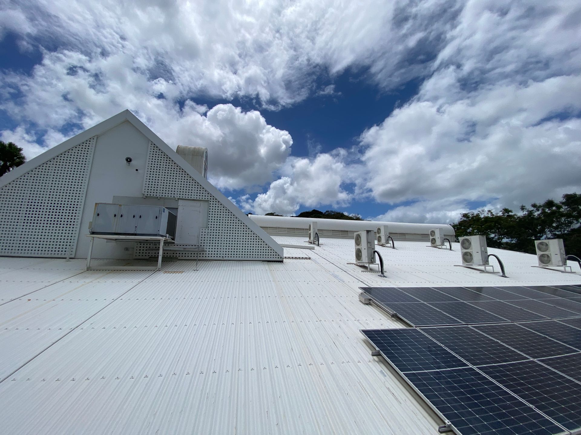 Person in Safety Gear Cleaning Solar Panels on a Roof — Cairns Bin Cleaning In Parramatta Park, QLD