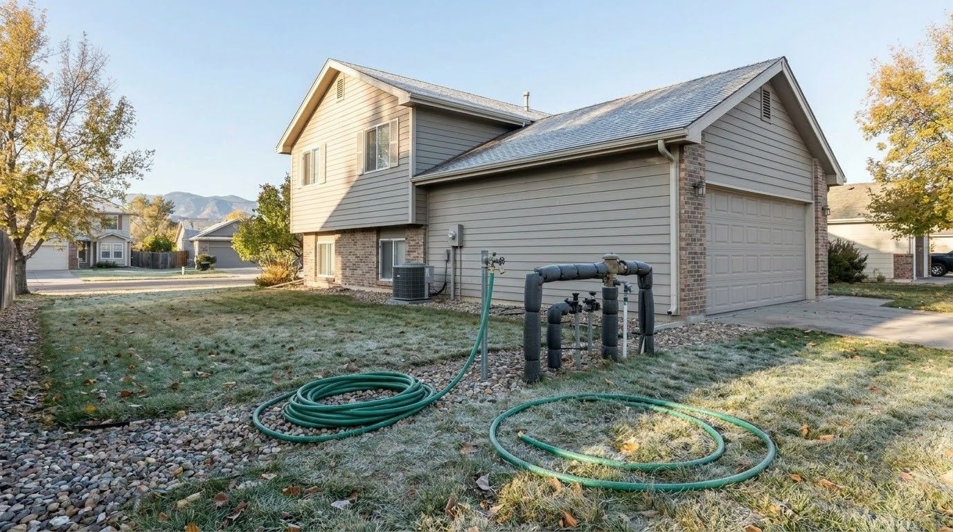 Suburban house with beige siding and a frosty yard, hoses and pipes in the foreground.