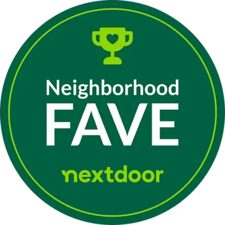 Green circular Neighborhood FAVE nextdoor badge with trophy icon and white text