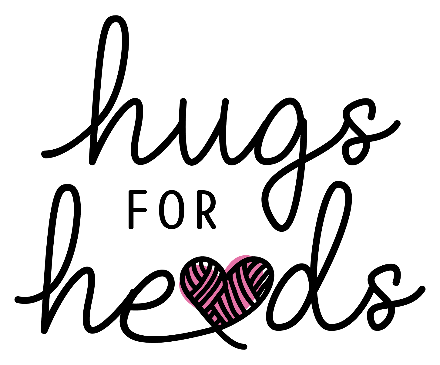 A logo for hugs for heads with a heart in the middle.