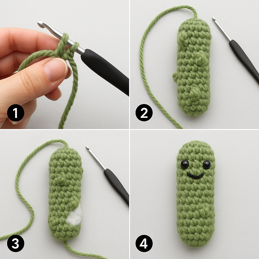 Crochet cucumber in progress. Stages 1-4 show steps from loop creation to adding a smile. Green yarn on white background.