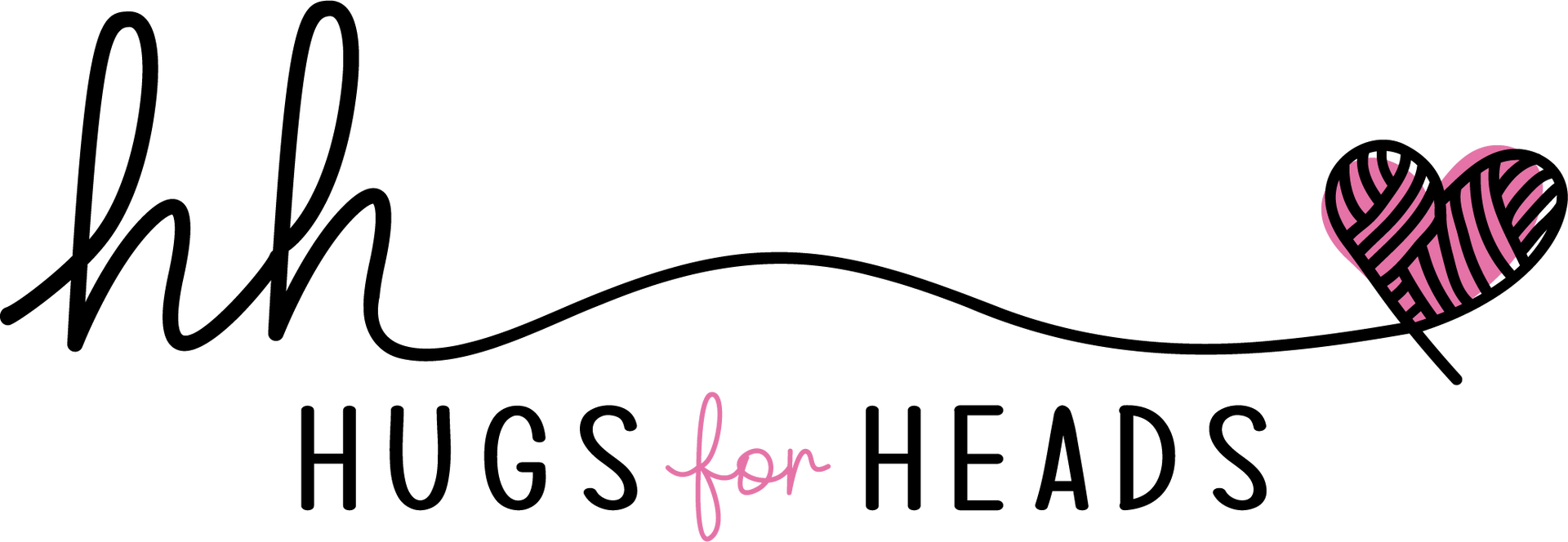 A logo for hugs for heads with a heart and yarn.