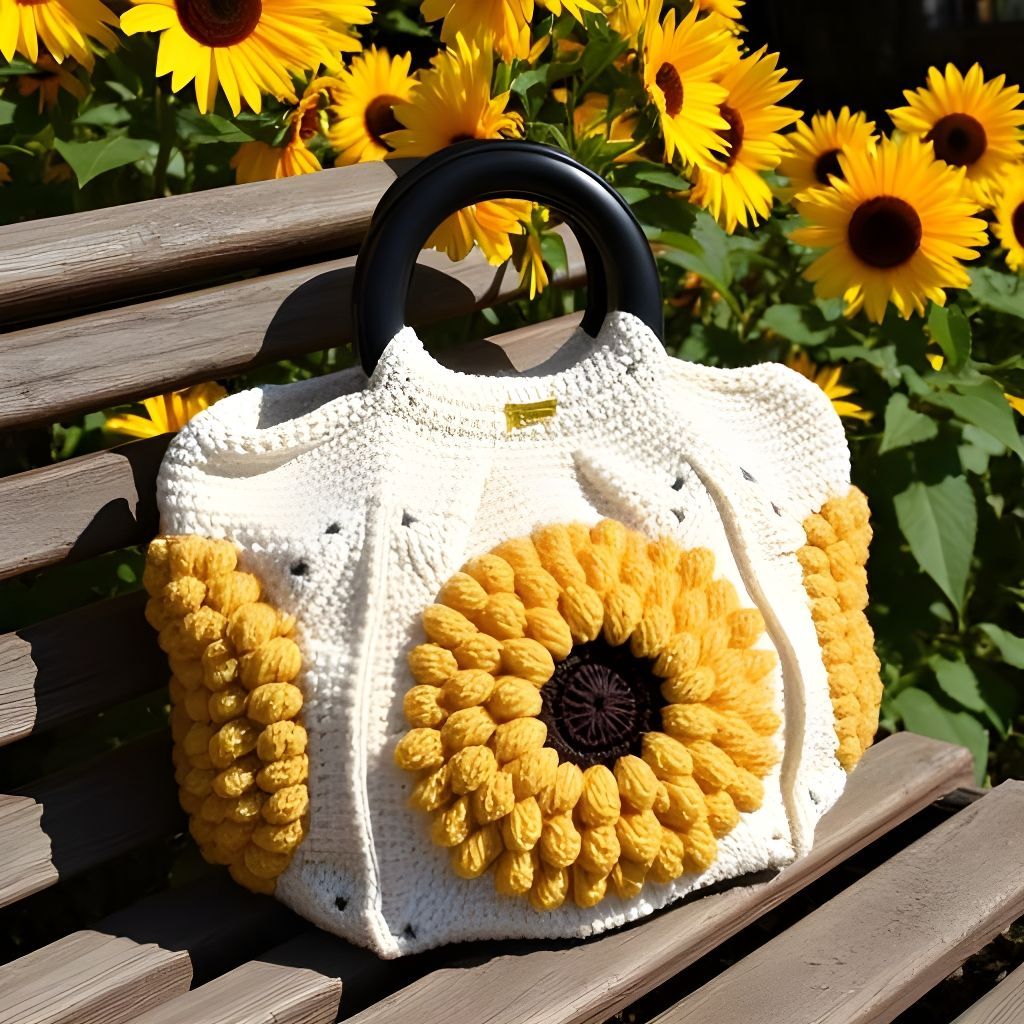 A white and yellow crocheted purse is sitting on a wooden bench in front of sunflowers