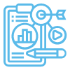 A blue icon of a clipboard with a pencil , magnifying glass , and arrows.