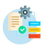An icon of a gear , a check mark , and a sheet of paper.