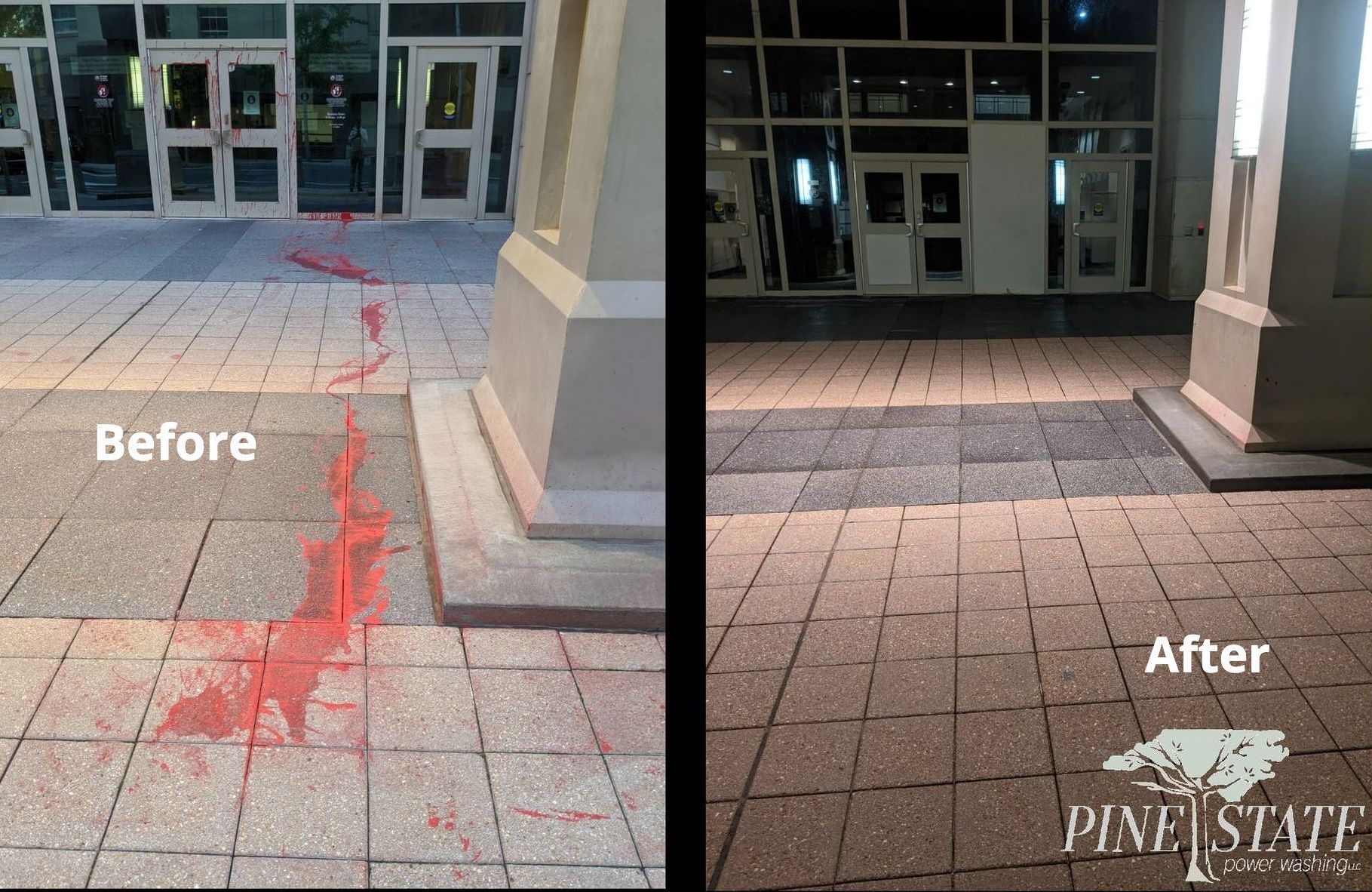 Before and after shots of a sidewalk cleaned of red paint by Pine State Services.