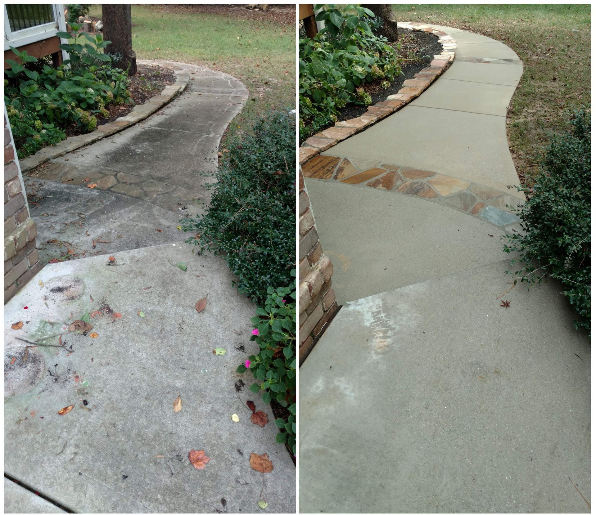 A before and after photo of a concrete walkway
