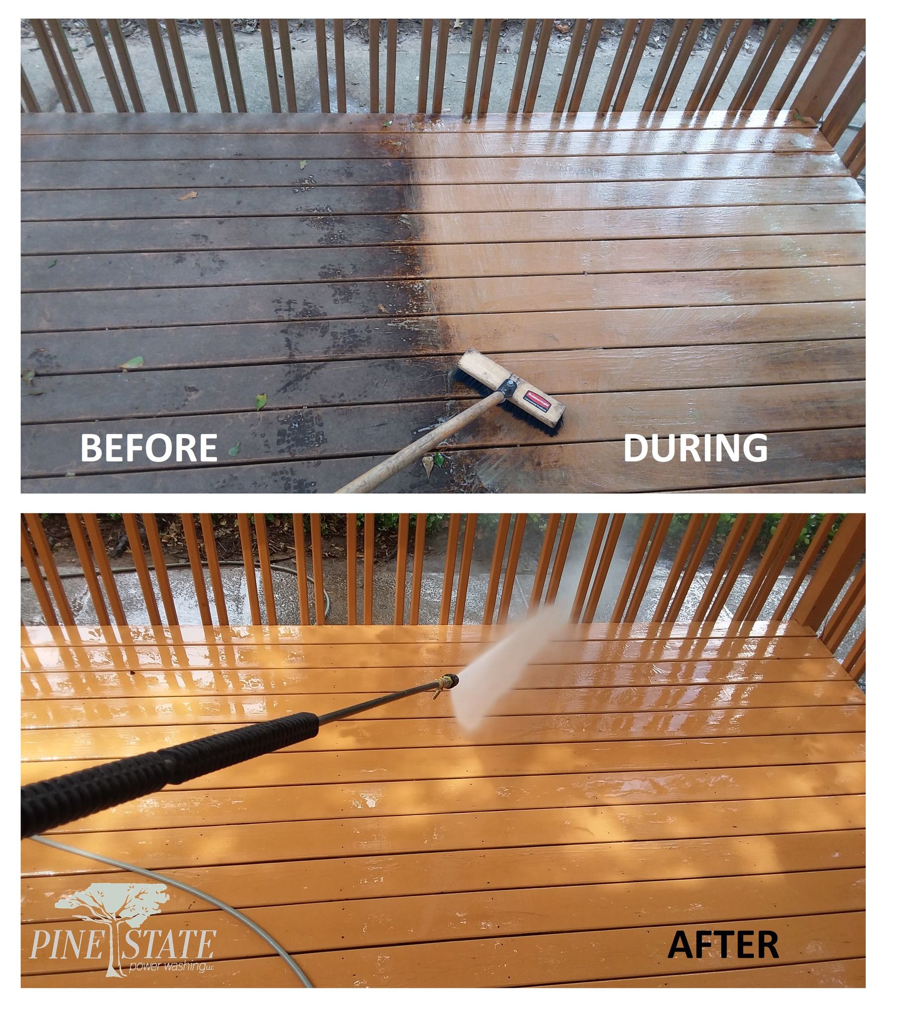 A before and after picture of a wooden deck being cleaned with a pressure washer.