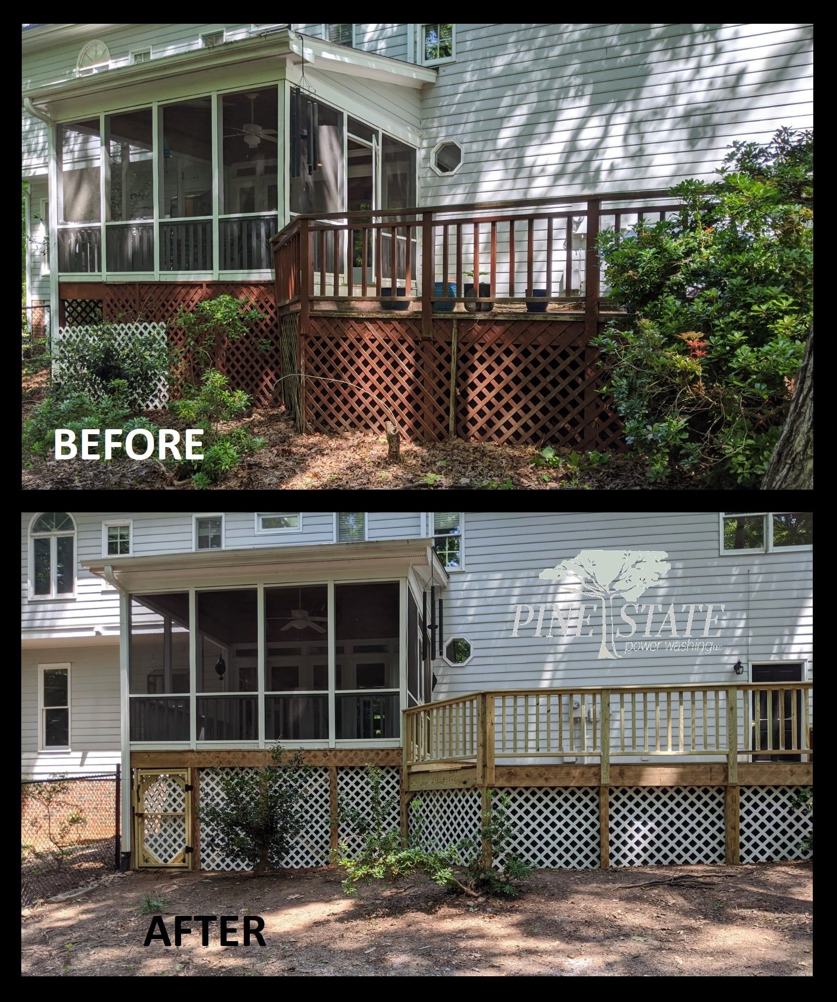 A before and after picture of a screened in porch