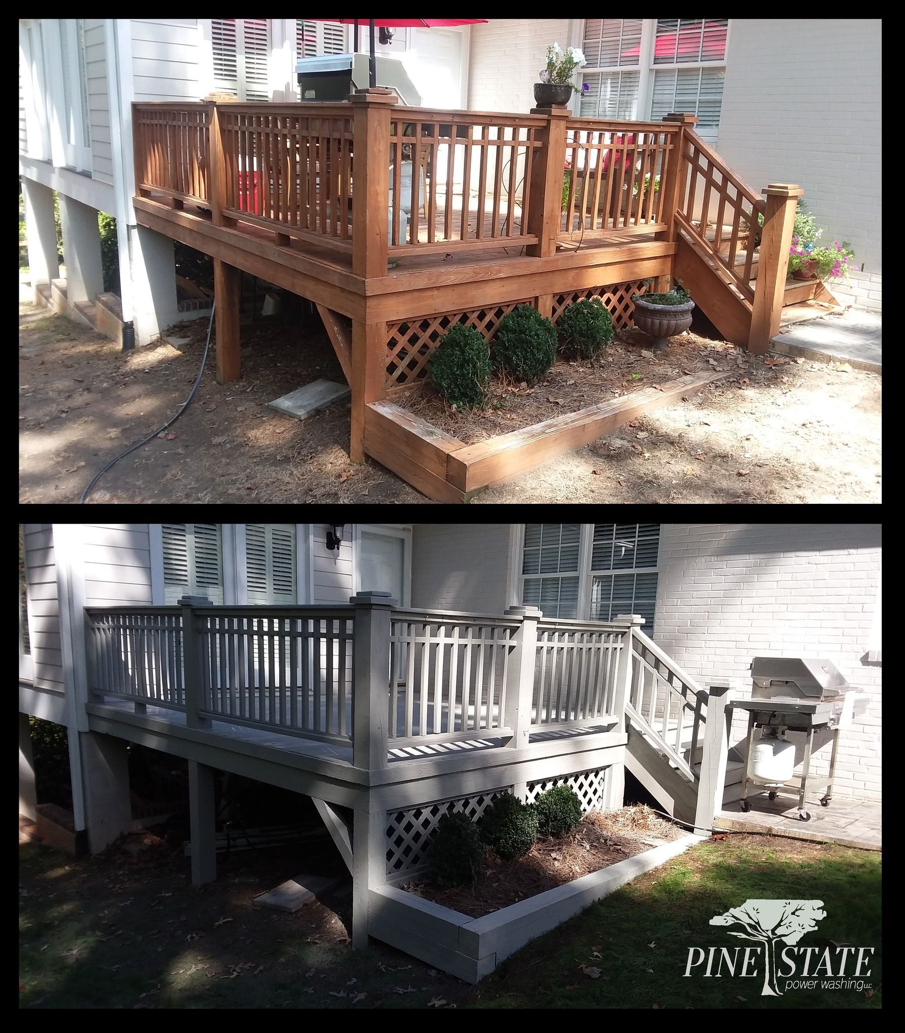 A before and after photo of a wooden deck