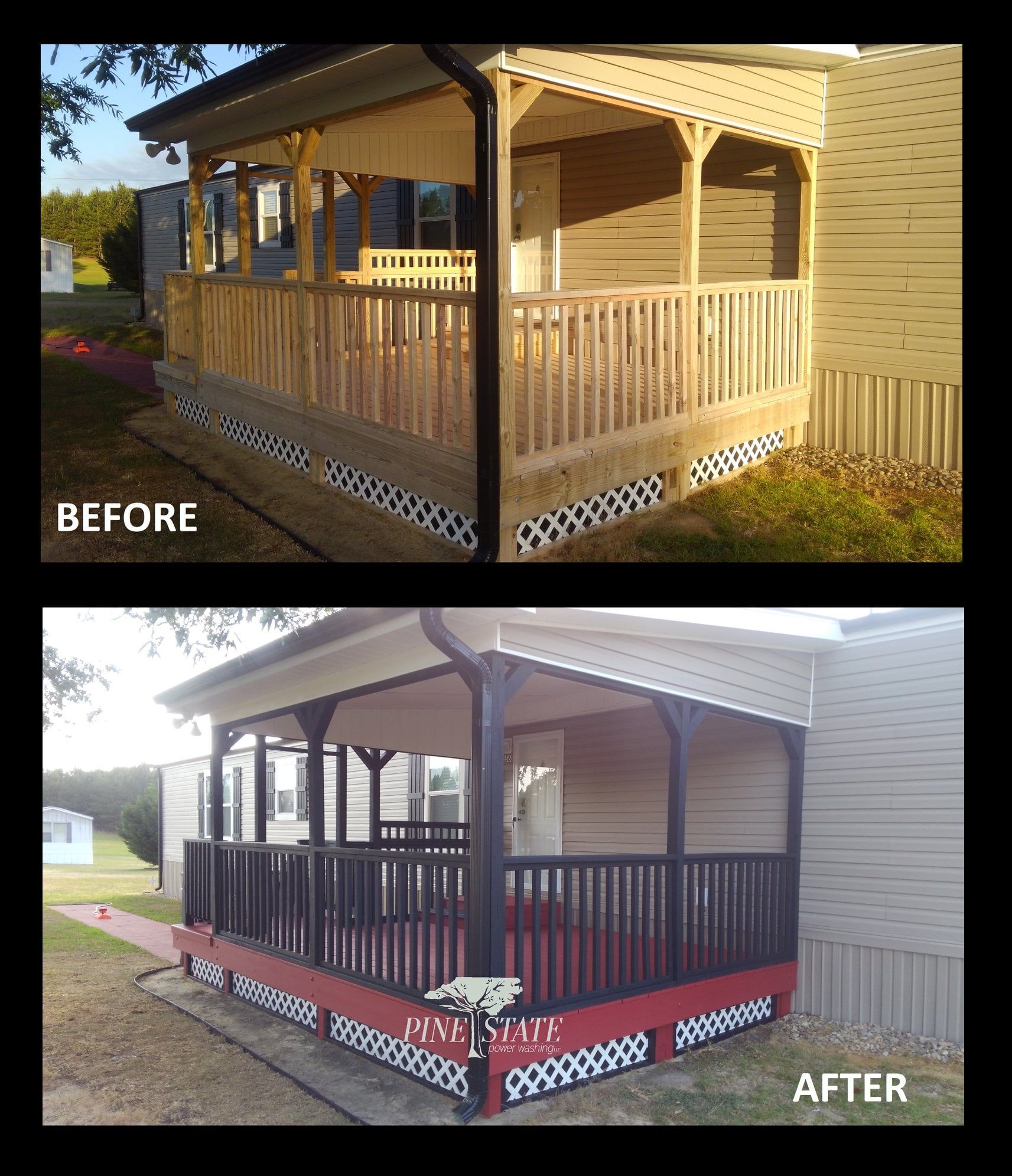 A before and after picture of a porch on a house