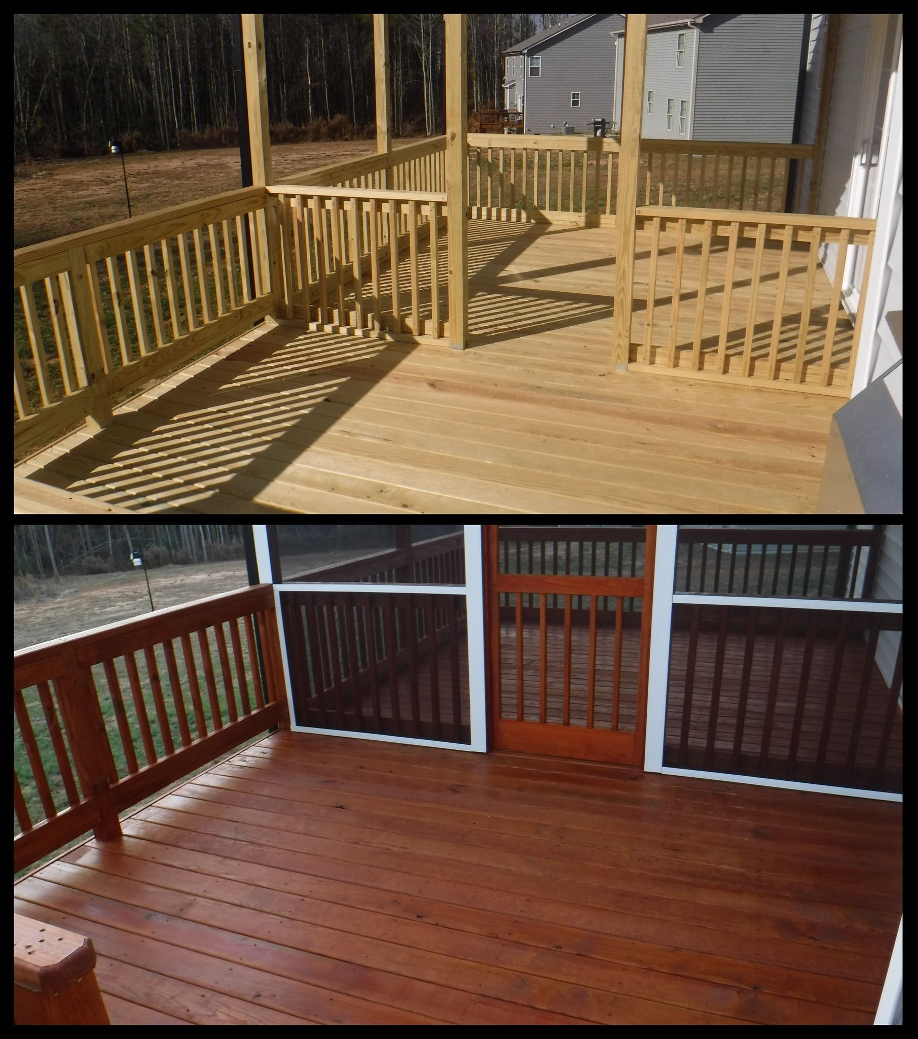 A before and after picture of a wooden deck