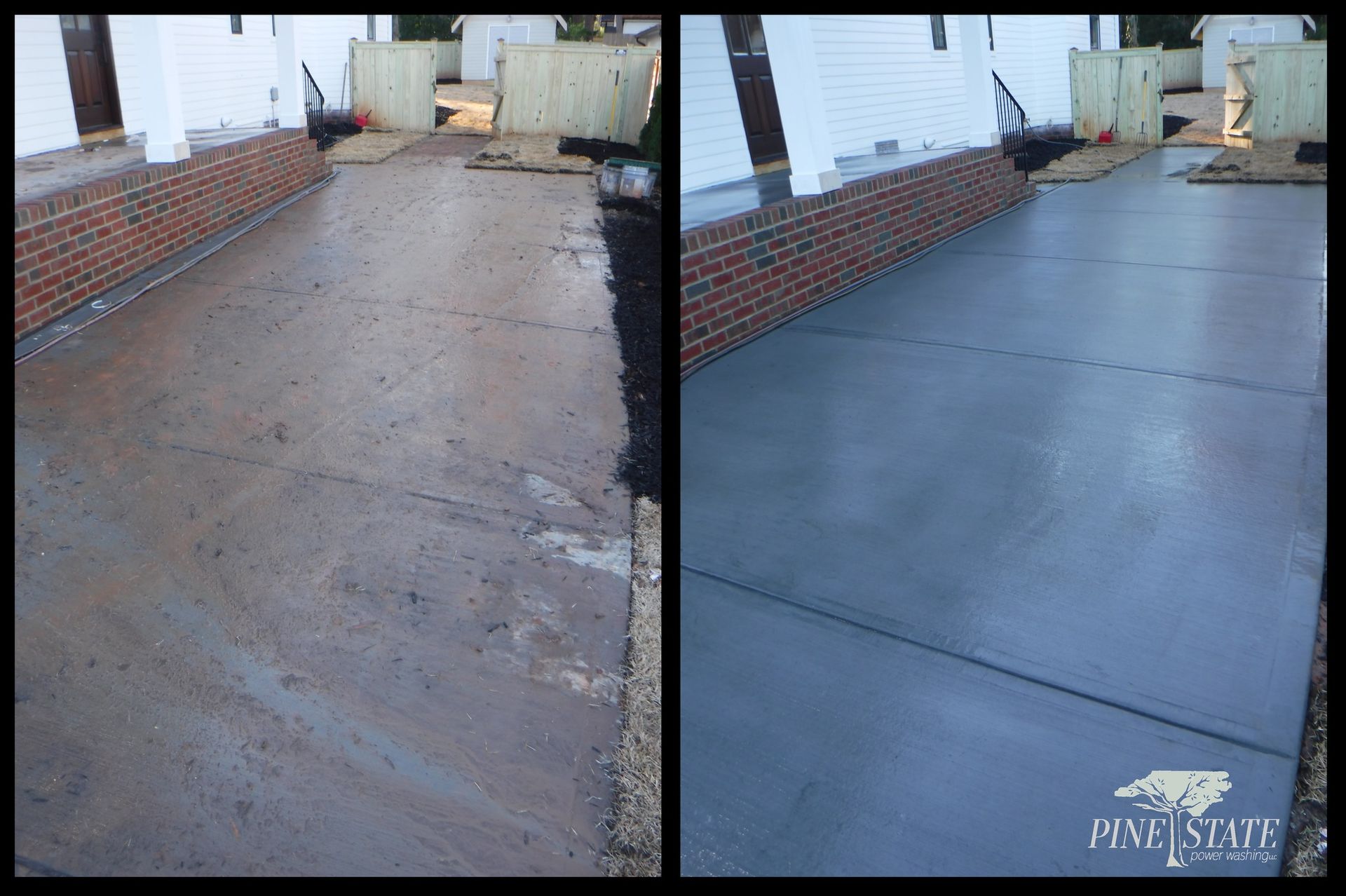 Before and after comparison of a concrete driveway being cleaned, showing a dirty surface transformed to a clean grey.