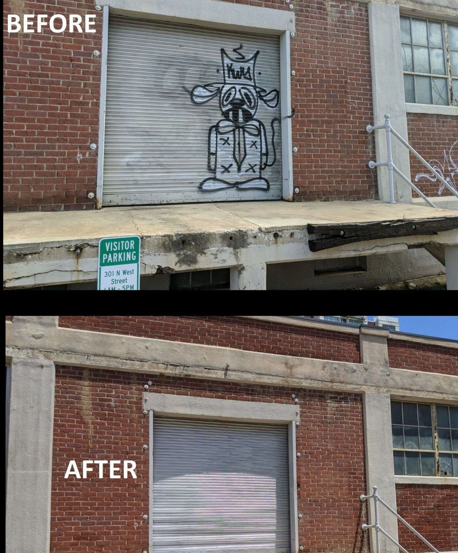 Before and after comparison showing graffiti removed from a metal garage door on a brick building.