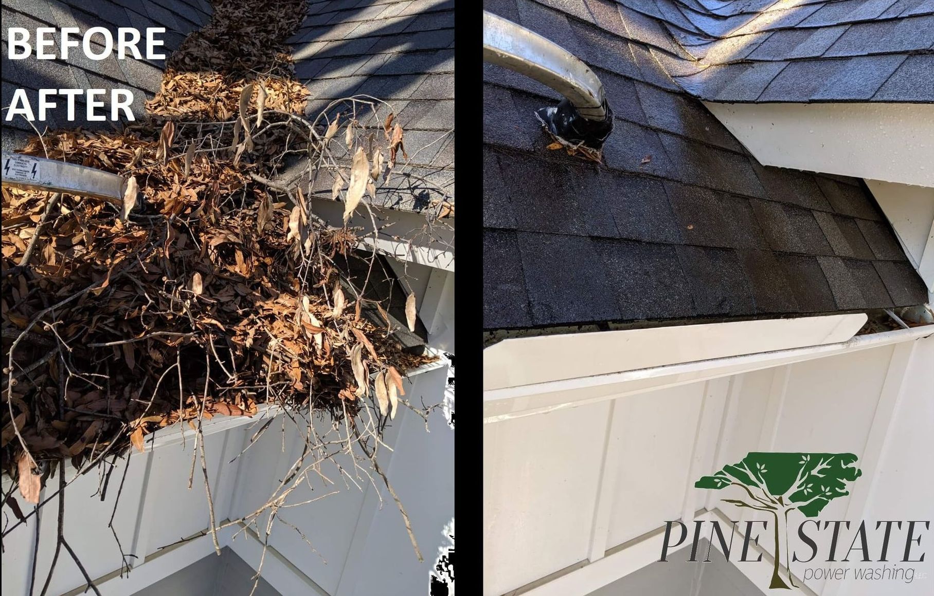 Split-screen comparison showing a gutter filled with dry leaves and debris before and after cleaning.