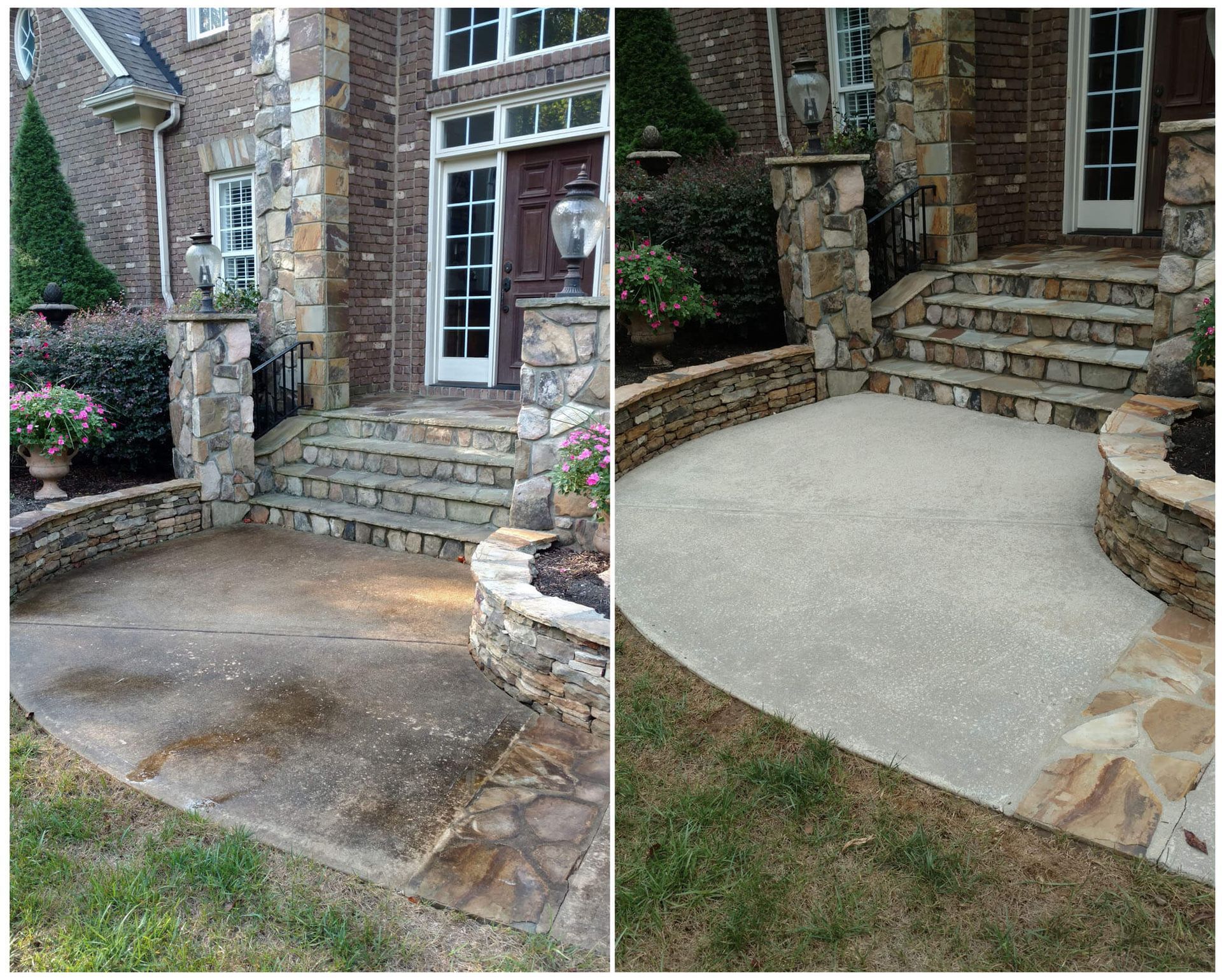 A before and after picture of a patio in front of a house.